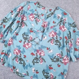 CATHERINES Womens Blue Floral Butterfly Ruffle 3/4 Sleeve Blouse Plus 4X 32W